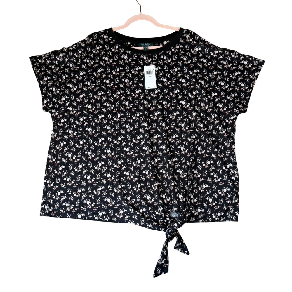 Lauren Ralph Lauren Women 3X Black Floral Tie Front Short Sleeve Knit Top NWT